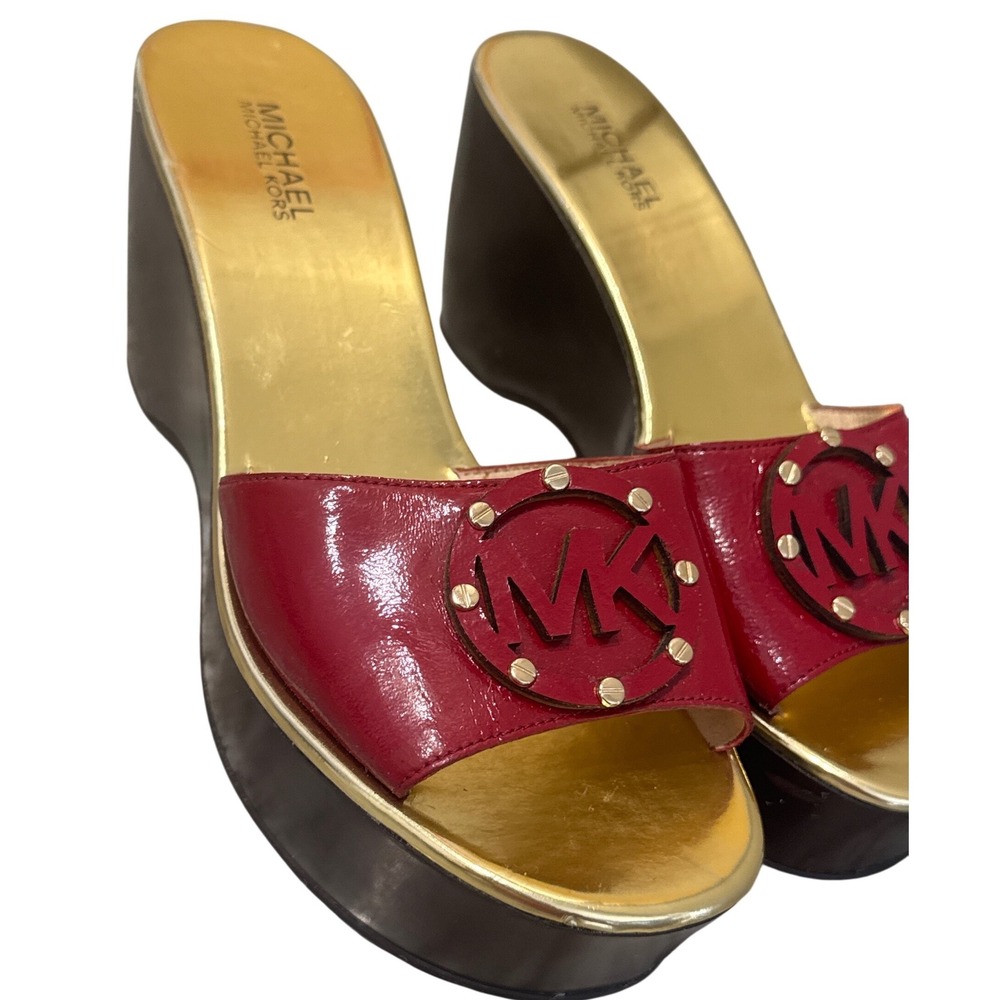 MICHAEL Michael Kors red patent leather platform wedge sandals MK logo 7.5M